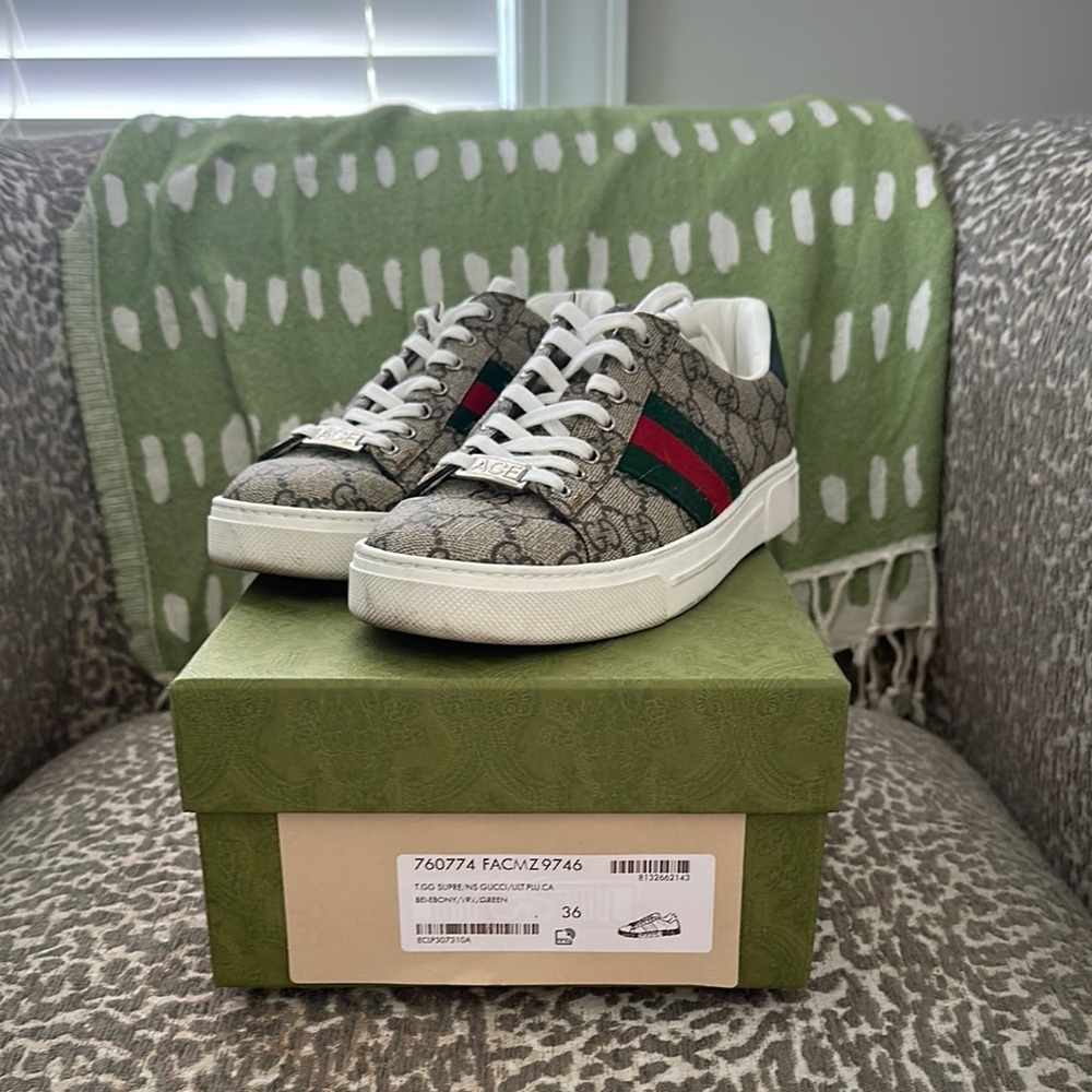 Gucci Monogram Sneakers with Red and Green Accents